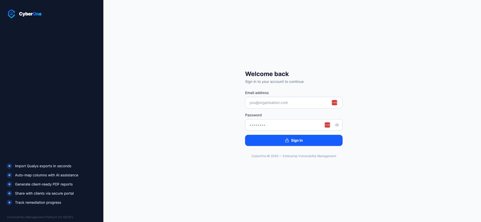 One entry point, two portals — the platform routes admins and clients to different surfaces