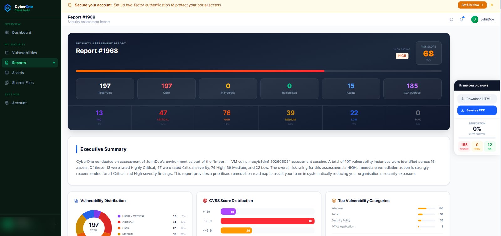 Generated report — executive summary and risk breakdown